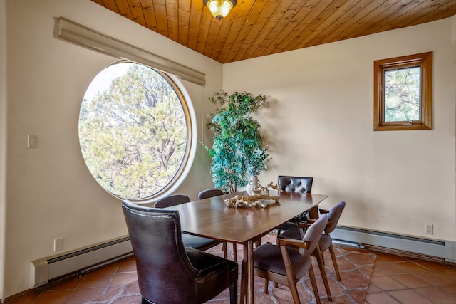 dining room featuring wood ceiling, tile patterned floors, and a baseboard radiator