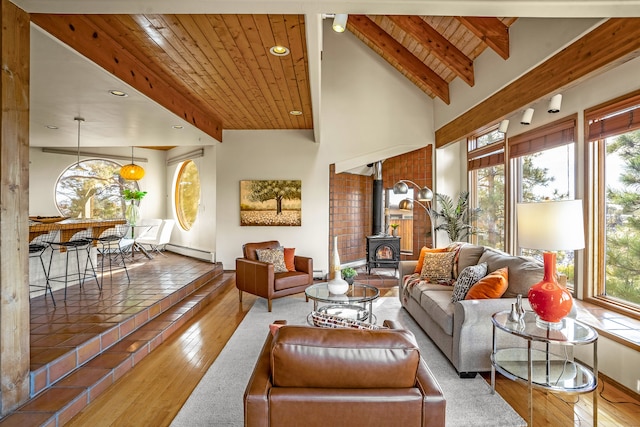 living room with hardwood / wood-style floors, a wood stove, a wealth of natural light, and wooden ceiling