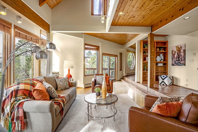 living room with light wood-type flooring, lofted ceiling with beams, baseboard heating, and wood ceiling