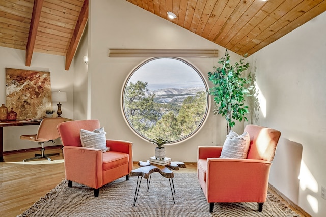 sitting room featuring wooden ceiling, lofted ceiling with beams, and hardwood / wood-style flooring