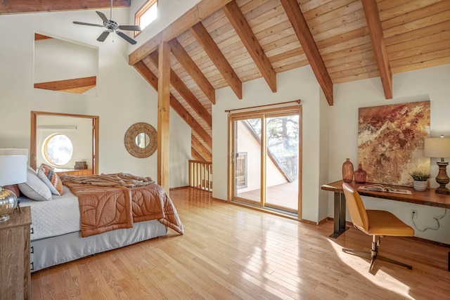 bedroom featuring beam ceiling, ceiling fan, high vaulted ceiling, light hardwood / wood-style floors, and access to outside