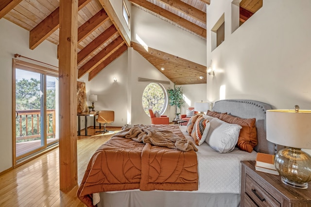 bedroom with light wood-type flooring, high vaulted ceiling, and wood ceiling