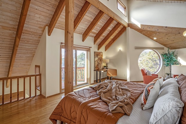 bedroom featuring beam ceiling, light wood-type flooring, high vaulted ceiling, and wooden ceiling