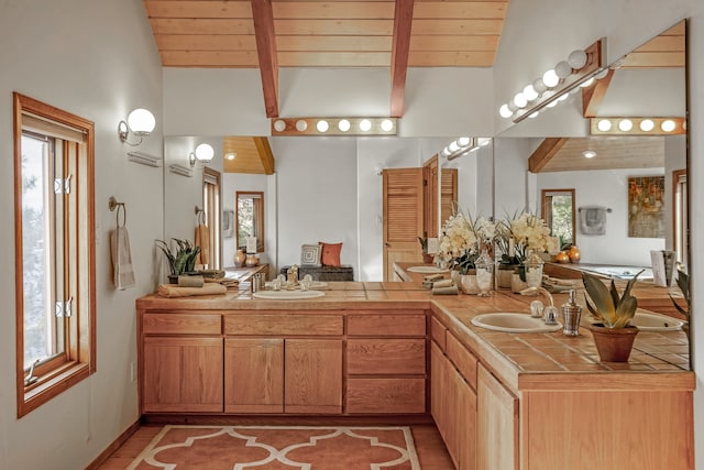 bathroom with vanity, wood-type flooring, vaulted ceiling with beams, and wooden ceiling