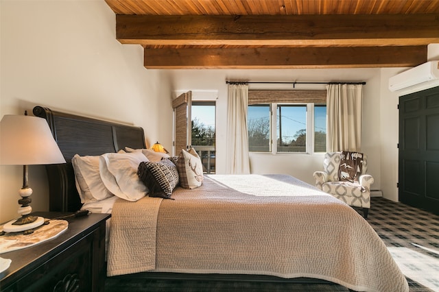 carpeted bedroom with a wall mounted AC, beamed ceiling, and wood ceiling