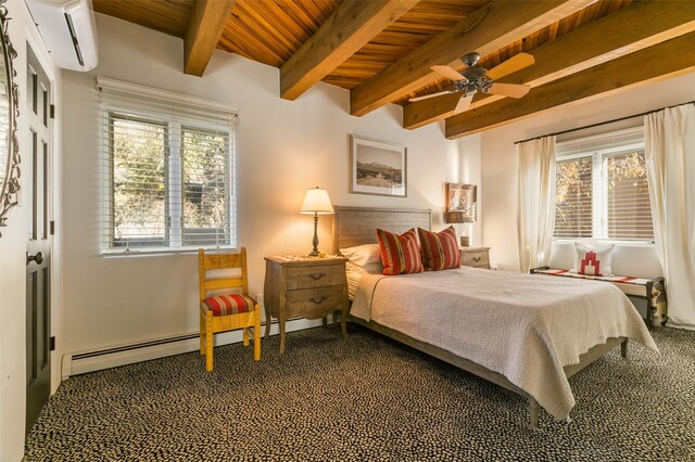 bedroom with multiple windows, a wall mounted AC, wooden ceiling, and ceiling fan