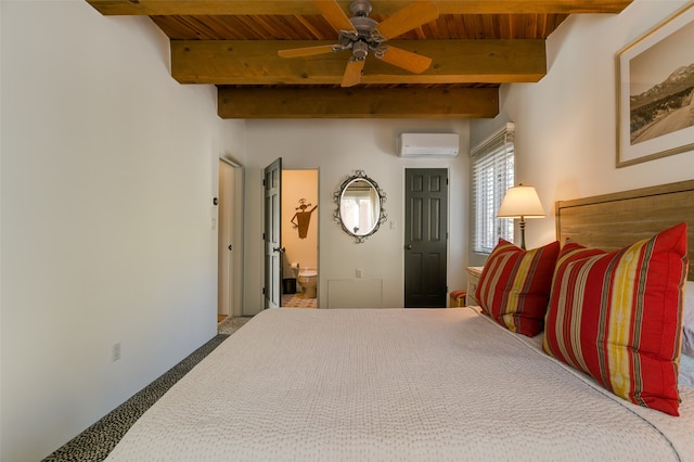 carpeted bedroom featuring an AC wall unit, ceiling fan, connected bathroom, beamed ceiling, and wood ceiling