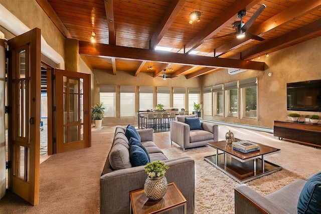 carpeted living room featuring ceiling fan, beam ceiling, and wooden ceiling