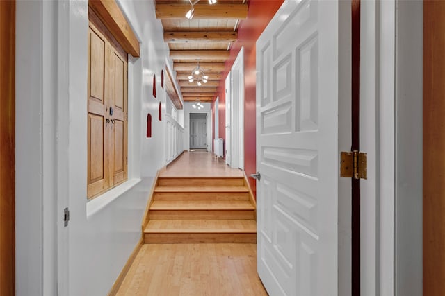 corridor with wooden ceiling, log walls, beamed ceiling, and light hardwood / wood-style floors