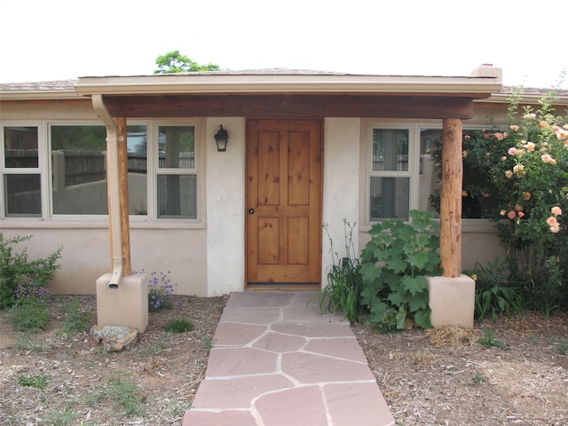 doorway to property featuring stucco siding