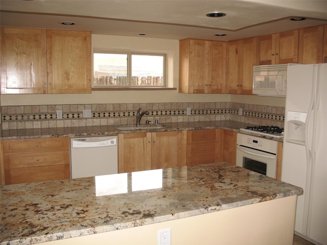 819 Fayette, Santa Fe, NM 87505 - kitchen with white appliances, a sink, light stone countertops, recessed lighting, and light brown cabinets