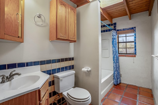 full bathroom featuring shower / bathtub combination with curtain, wooden ceiling, beamed ceiling, tile patterned floors, and toilet