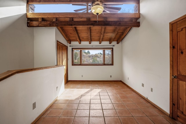 tiled empty room with lofted ceiling with beams, ceiling fan, and wood ceiling