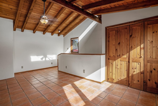 additional living space with light tile patterned flooring, vaulted ceiling with beams, ceiling fan, and wood ceiling