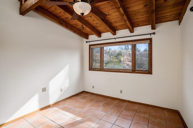 spare room featuring ceiling fan, beam ceiling, wood ceiling, and light tile patterned floors