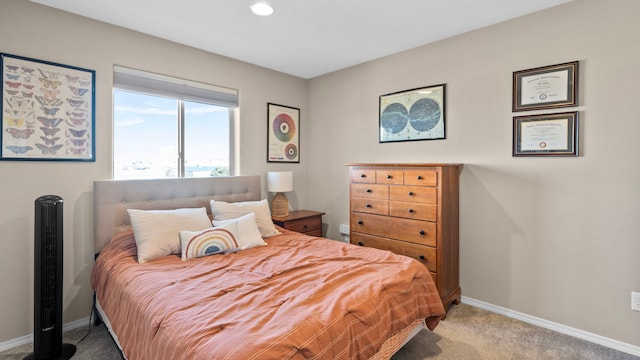 bedroom with recessed lighting, baseboards, and carpet