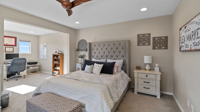 bedroom featuring recessed lighting, carpet, baseboards, and ceiling fan