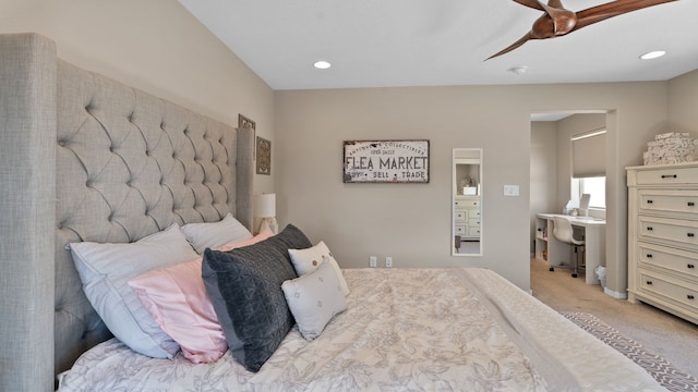 carpeted bedroom with recessed lighting