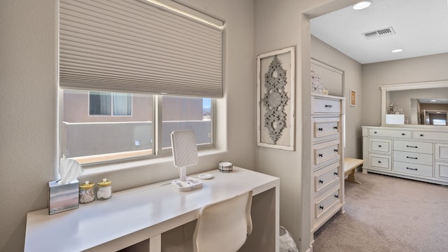 interior space with recessed lighting, visible vents, and light colored carpet