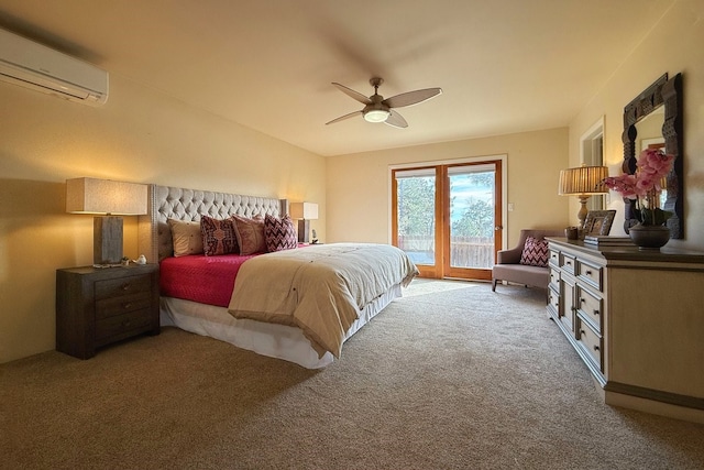 bedroom with access to outside, a wall mounted AC, ceiling fan, and carpet