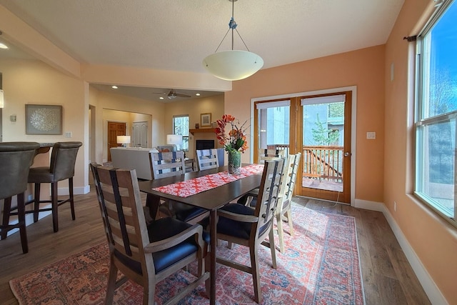 dining room featuring a textured ceiling, dark hardwood / wood-style floors, and ceiling fan