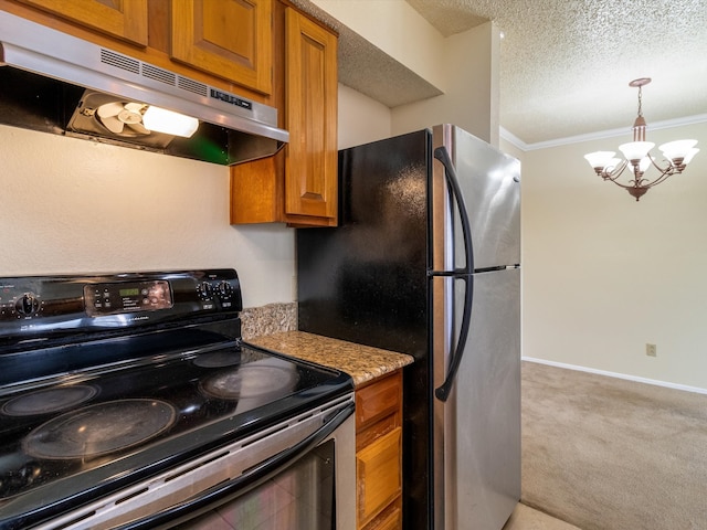 kitchen with ornamental molding, a textured ceiling, black / electric stove, light colored carpet, and a chandelier