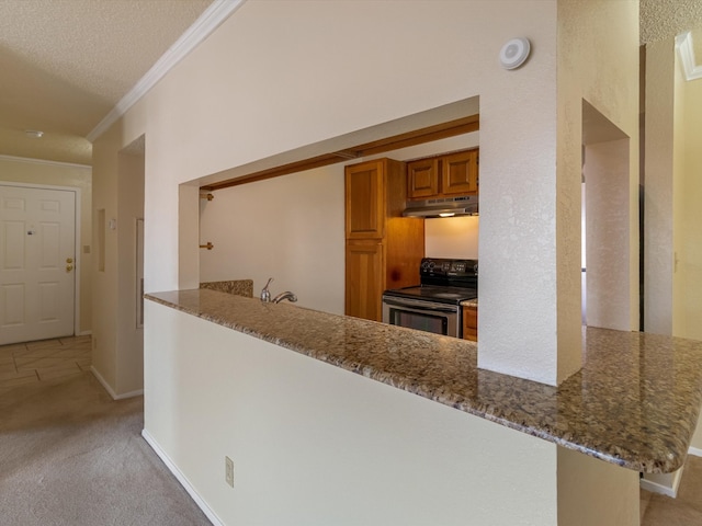 kitchen with stainless steel range with electric stovetop, kitchen peninsula, and light carpet