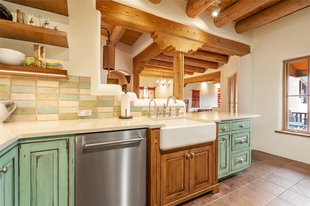 kitchen featuring sink, dark tile patterned floors, beamed ceiling, stainless steel dishwasher, and backsplash