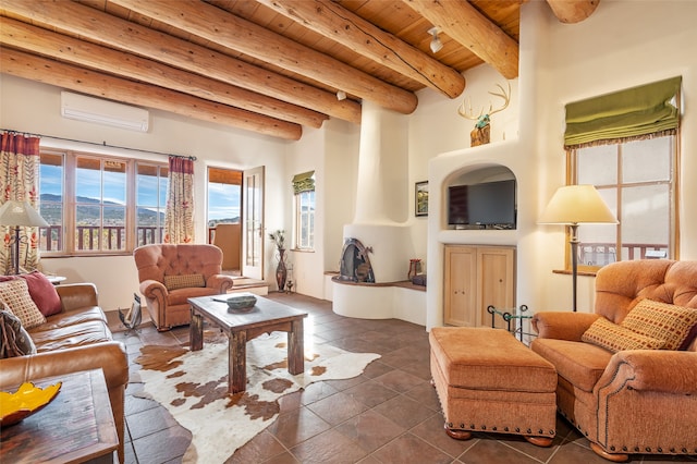 tiled living room featuring beam ceiling, a wall mounted AC, and wood ceiling