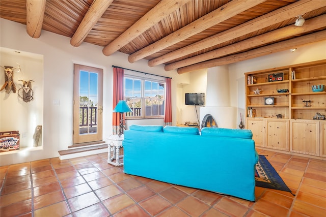 living room featuring beam ceiling, light tile patterned flooring, and wood ceiling