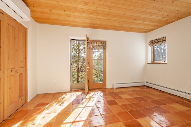 empty room featuring a wall unit AC, a wealth of natural light, and wooden ceiling