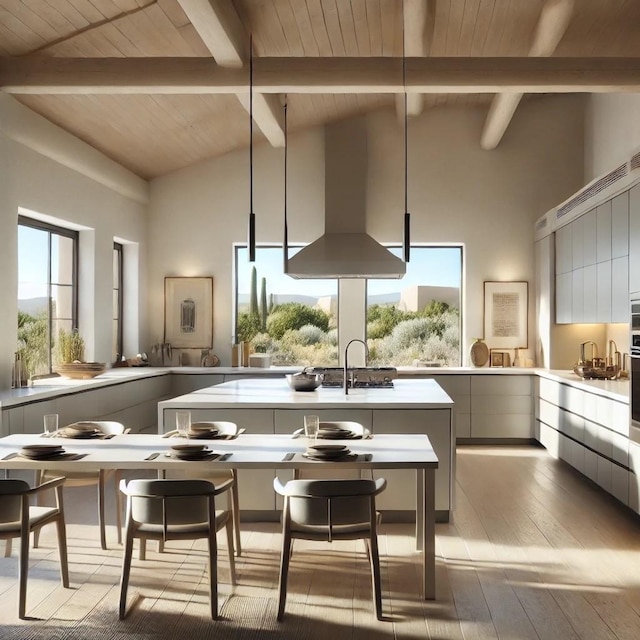 kitchen featuring pendant lighting, beamed ceiling, light hardwood / wood-style floors, and extractor fan