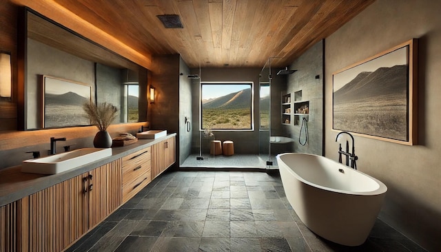 bathroom with vanity, a mountain view, plus walk in shower, and wood ceiling