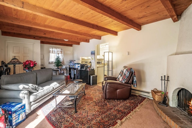 living room featuring wooden ceiling, a fireplace, baseboard heating, beam ceiling, and carpet floors