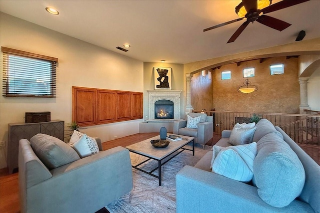 living room featuring ceiling fan