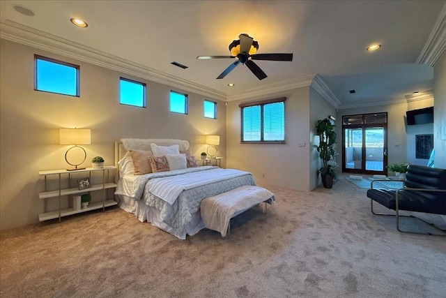 carpeted bedroom with ceiling fan, ornamental molding, and access to outside