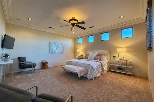 bedroom featuring ceiling fan, carpet floors, and crown molding