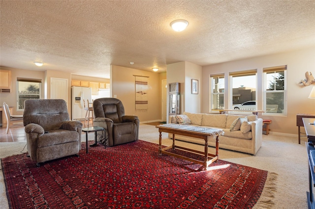 carpeted living room with a textured ceiling