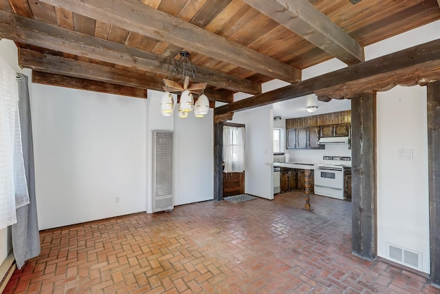 kitchen with wooden ceiling, white appliances, an inviting chandelier, beamed ceiling, and decorative light fixtures