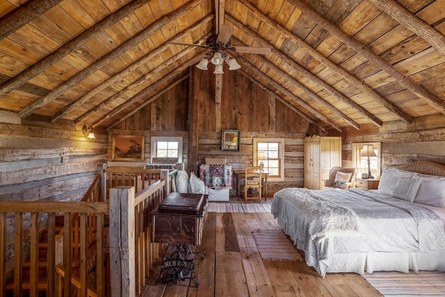 unfurnished bedroom featuring vaulted ceiling with beams, hardwood / wood-style flooring, wooden walls, and wood ceiling