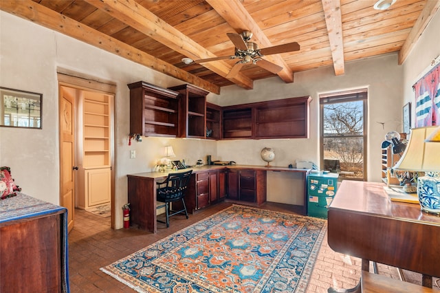 office with ceiling fan, beamed ceiling, wooden ceiling, and built in desk