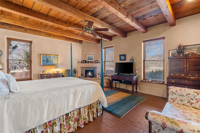 bedroom featuring wood ceiling and beam ceiling