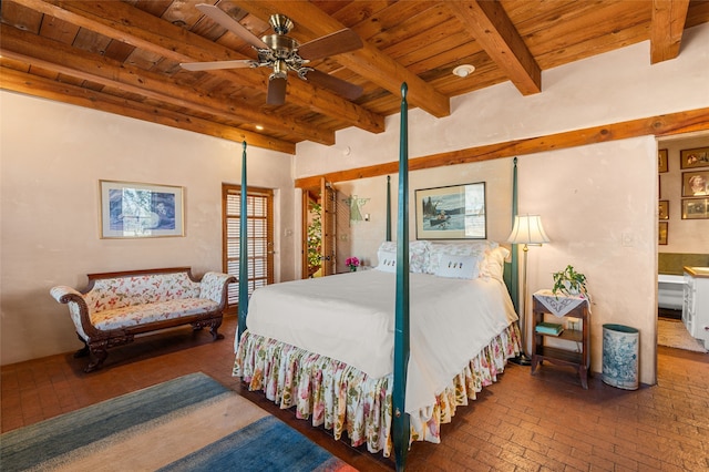 bedroom featuring beam ceiling and wooden ceiling