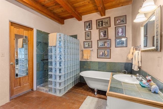 bathroom featuring separate shower and tub, beamed ceiling, vanity, and wood ceiling