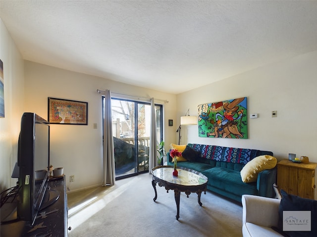 carpeted living room featuring a textured ceiling