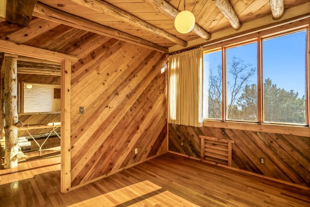 miscellaneous room featuring hardwood / wood-style floors, vaulted ceiling with beams, wooden ceiling, and wooden walls