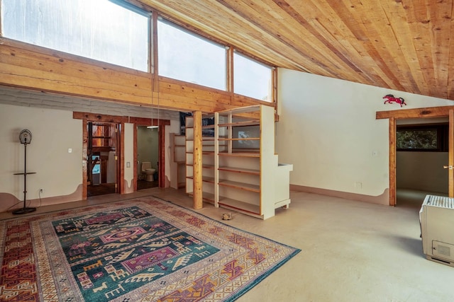 living room with wooden ceiling and lofted ceiling