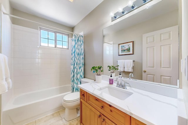 full bathroom with toilet, shower / bath combo, vanity, and tile patterned floors