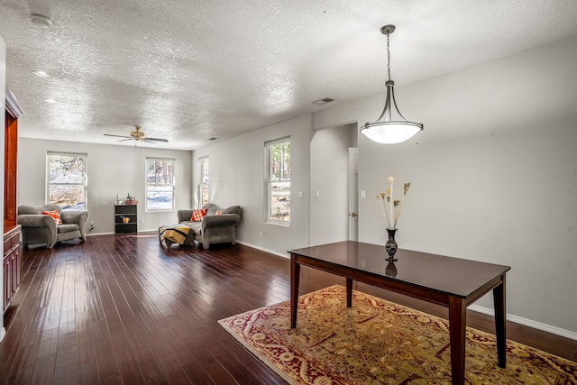 interior space featuring ceiling fan, dark hardwood / wood-style flooring, and a textured ceiling