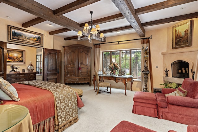 carpeted bedroom with beam ceiling, coffered ceiling, and a notable chandelier